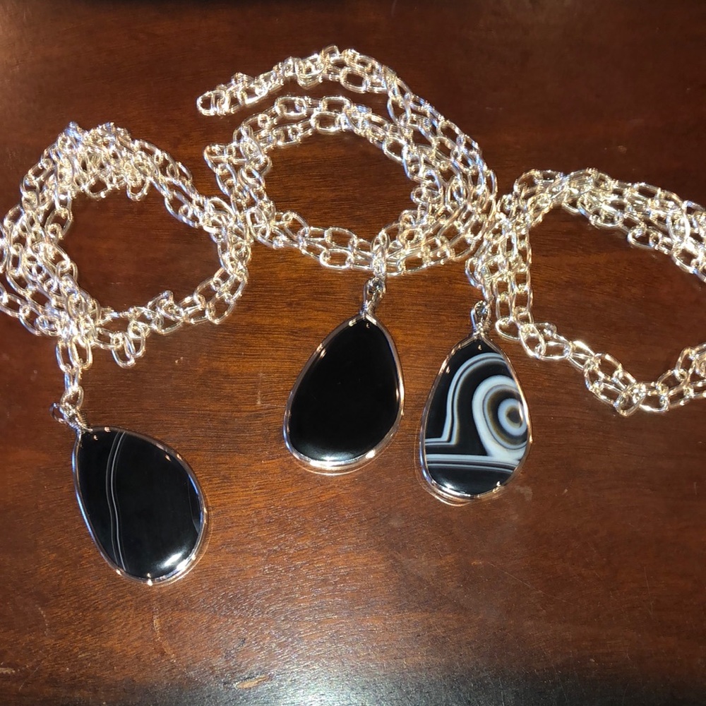 Two Sided 42 Inch Black Agate Pendant Necklace in Silver Paperclip Style Chain